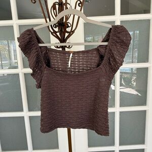 Free People Brown Smocked Puff Sleeve Crop Top S Boho Festival